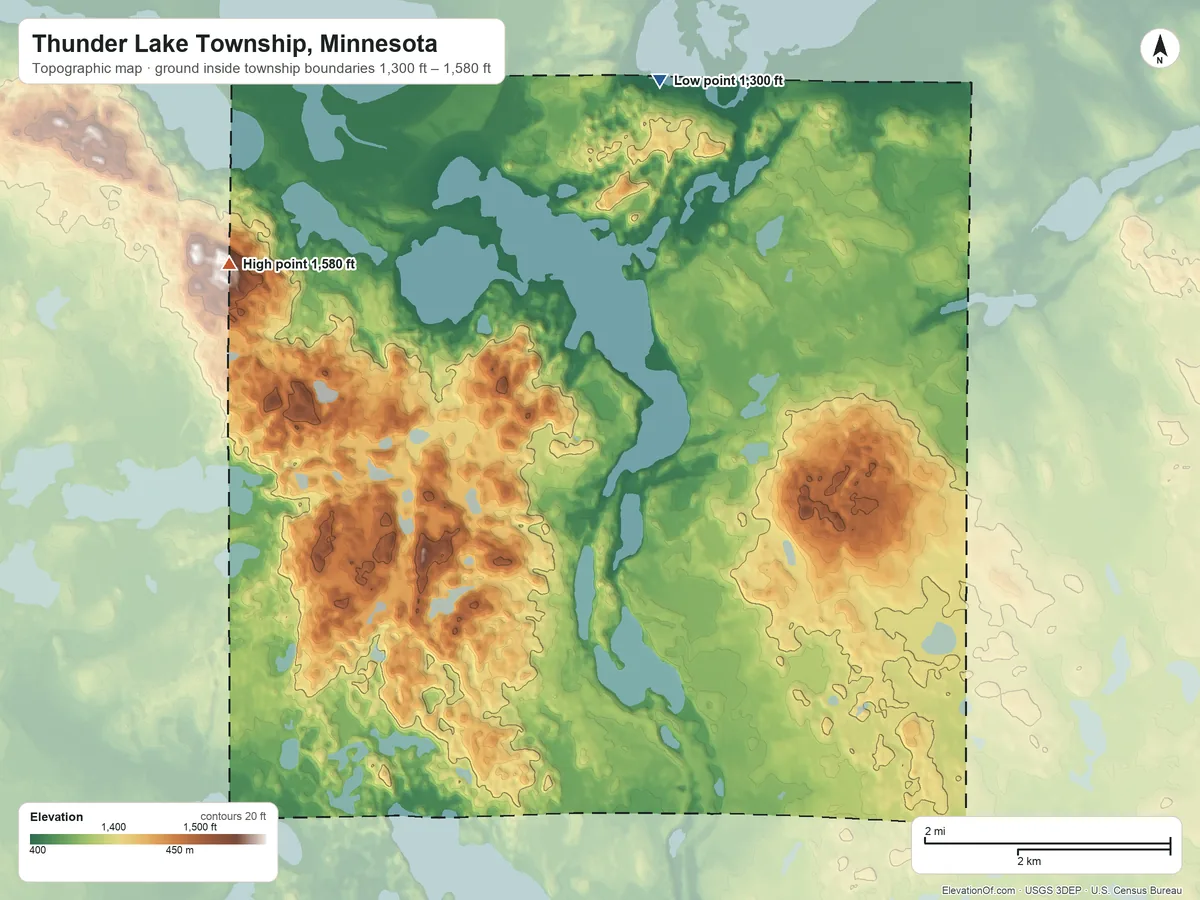 Topographic elevation map of Thunder Lake Township, Minnesota, shaded from 1,300 ft on the north side to 1,580 ft on the west side