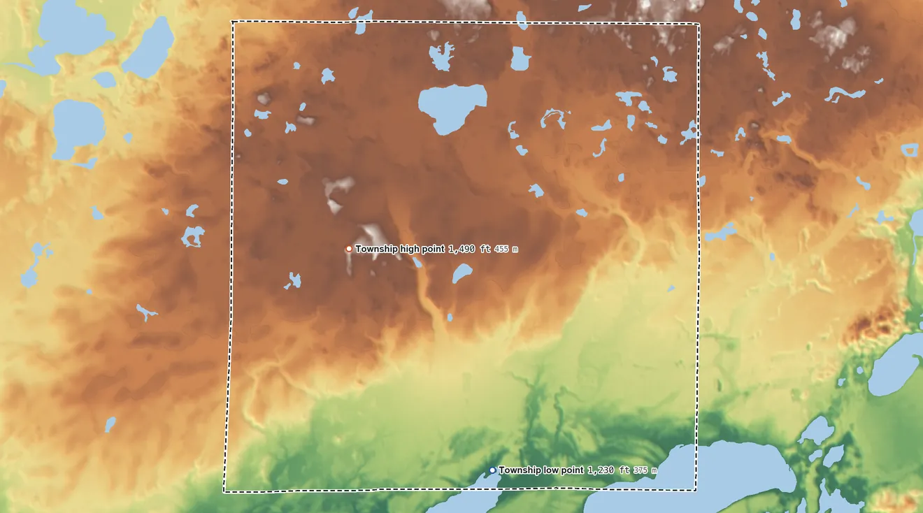 Topographic elevation map of Timothy Township, Minnesota, shaded from 1,230 ft near the middle to 1,490 ft on the northwest side