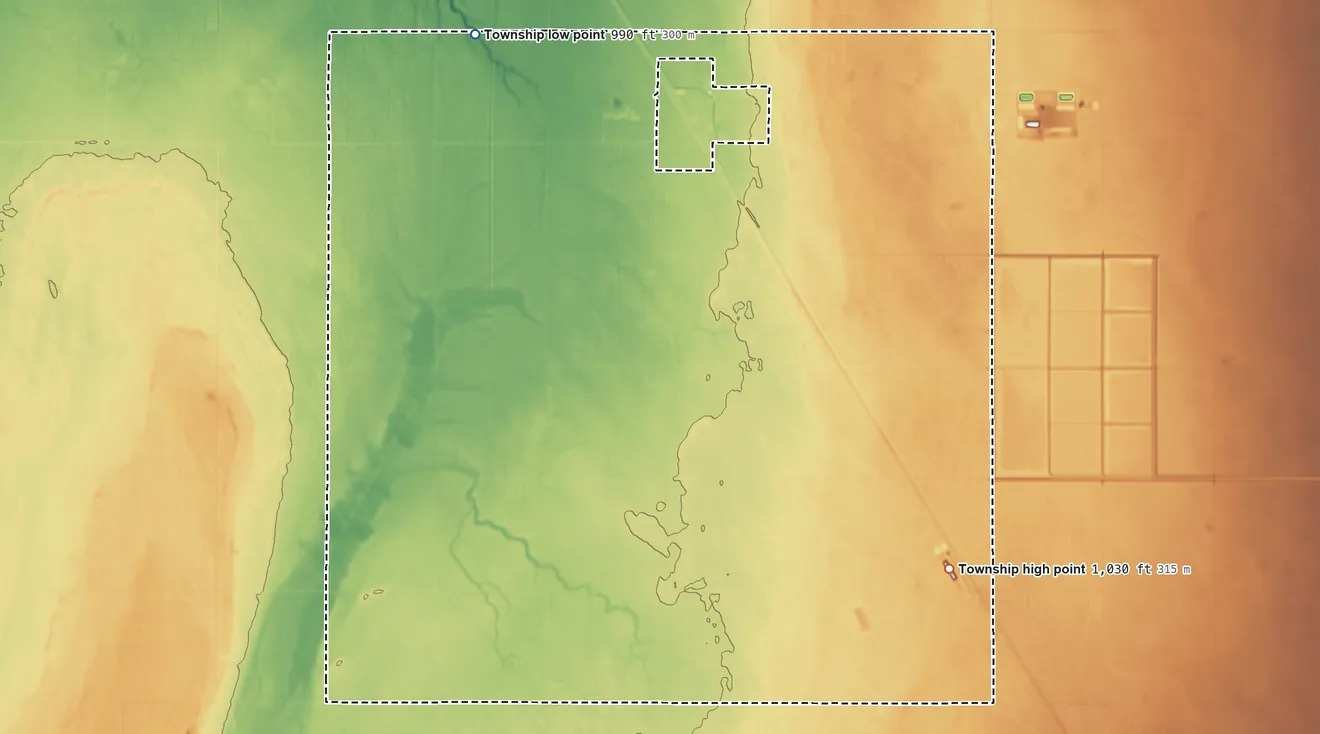 Topographic elevation map of Tintah Township, Minnesota, shaded from 990 ft on the northwest side to 1,030 ft on the south side