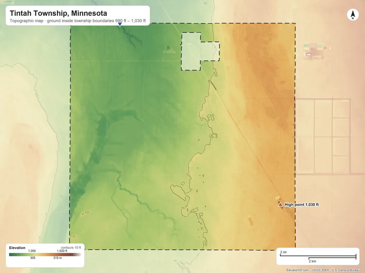 Topographic elevation map of Tintah Township, Minnesota, shaded from 990 ft on the northwest side to 1,030 ft on the south side