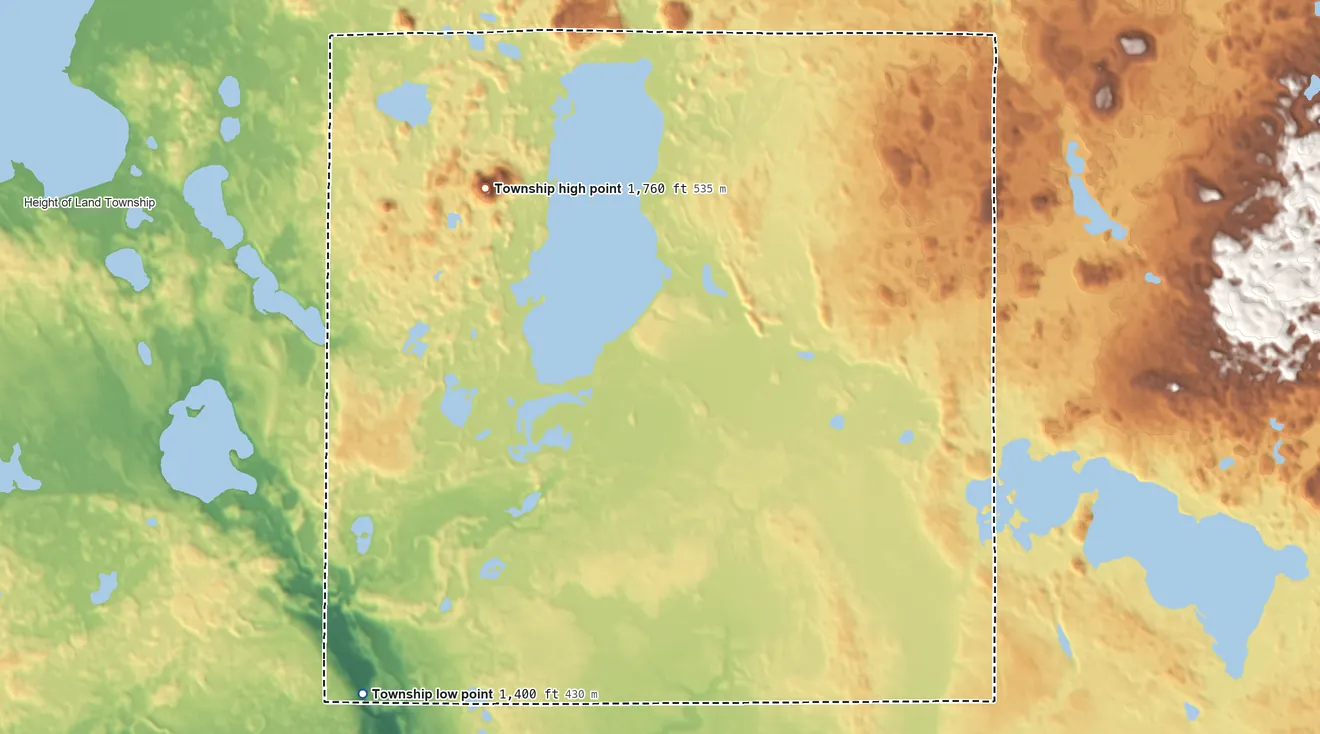 Topographic elevation map of Toad Lake Township, Minnesota, shaded from 1,400 ft on the southwest side to 1,760 ft on Toad Mountain