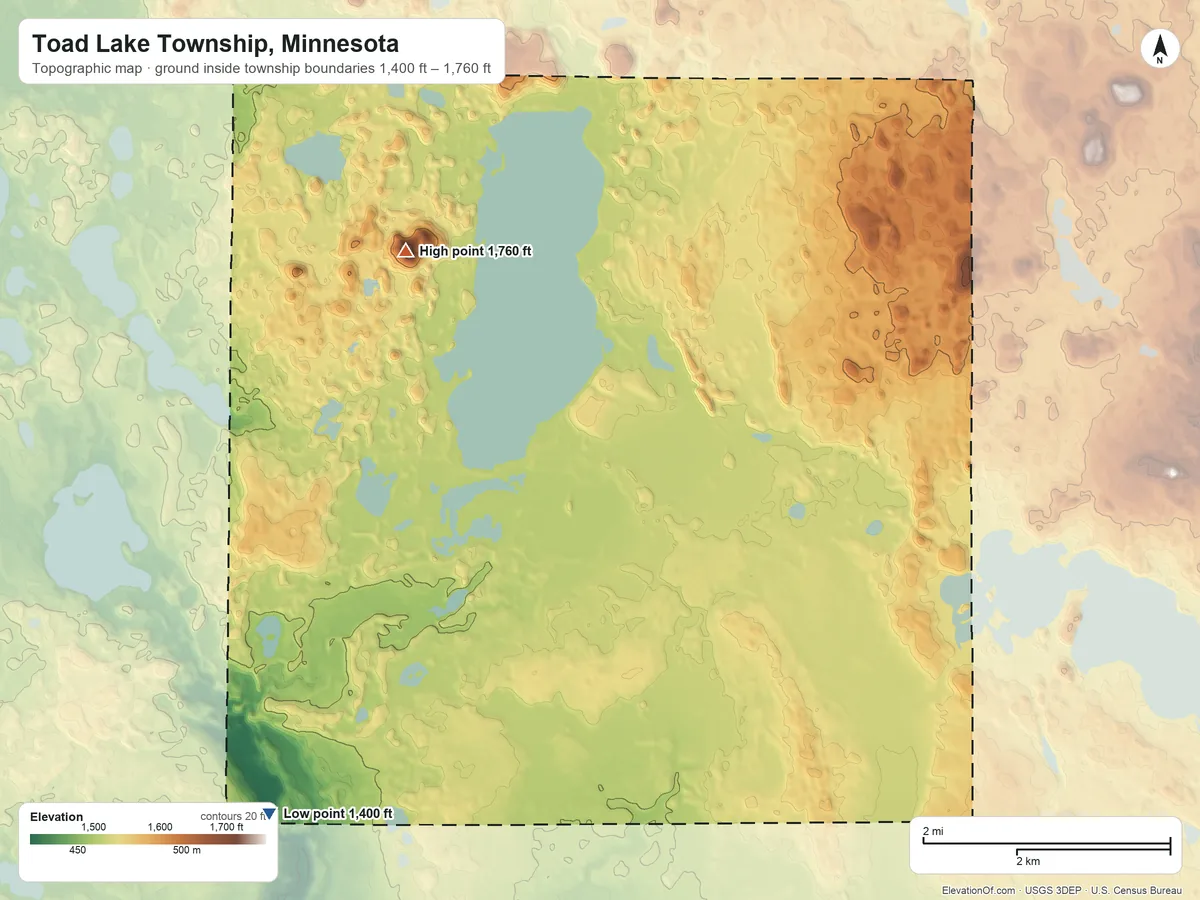 Topographic elevation map of Toad Lake Township, Minnesota, shaded from 1,400 ft on the southwest side to 1,760 ft on Toad Mountain