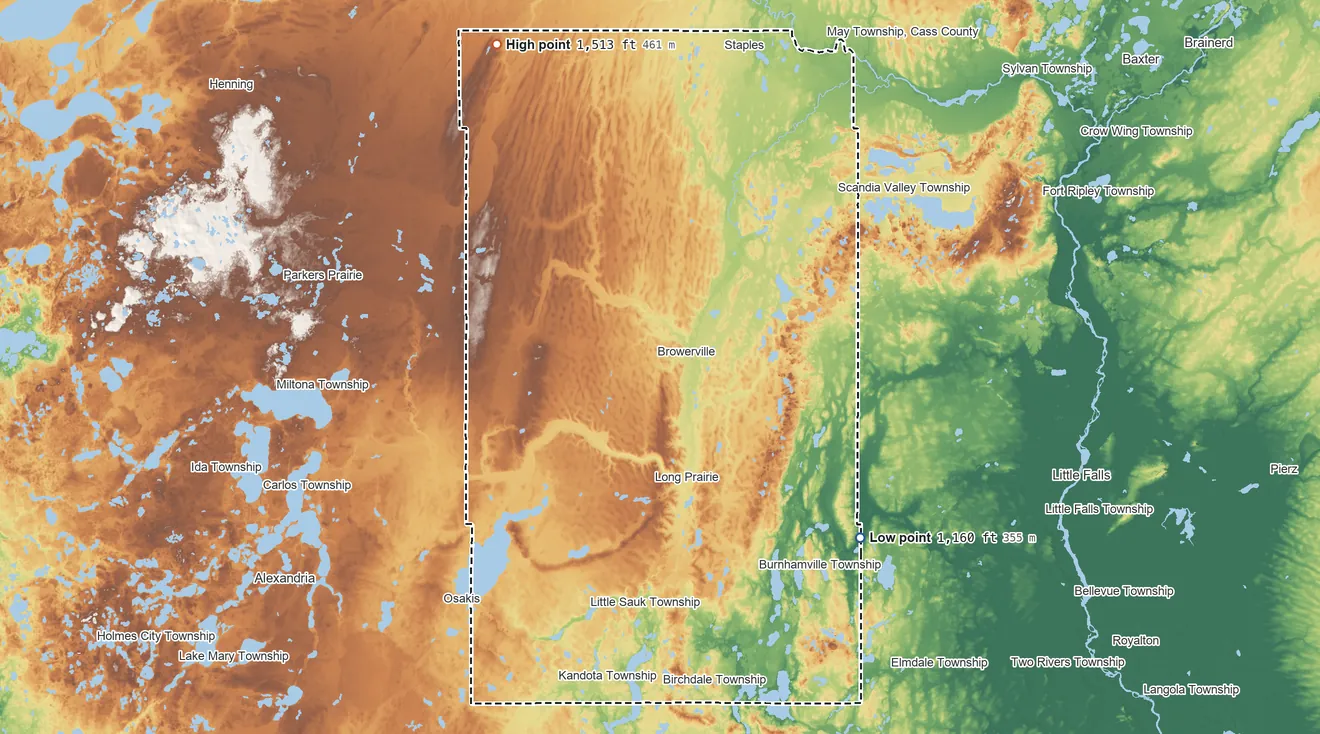 Topographic elevation map of Todd County, Minnesota, shaded from 1,160 ft on the southeast side to 1,513 ft on Mount Nebo