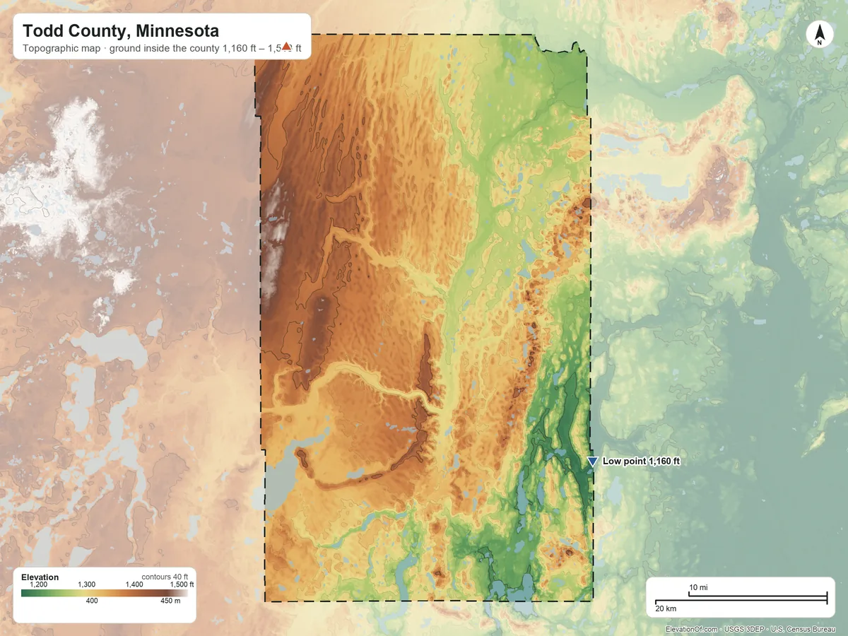 Topographic elevation map of Todd County, Minnesota, shaded from 1,160 ft on the southeast side to 1,513 ft on Mount Nebo