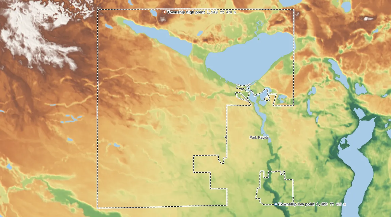 Topographic elevation map of Todd Township, Minnesota, shaded from 1,400 ft on the southeast side to 1,540 ft on the northwest side