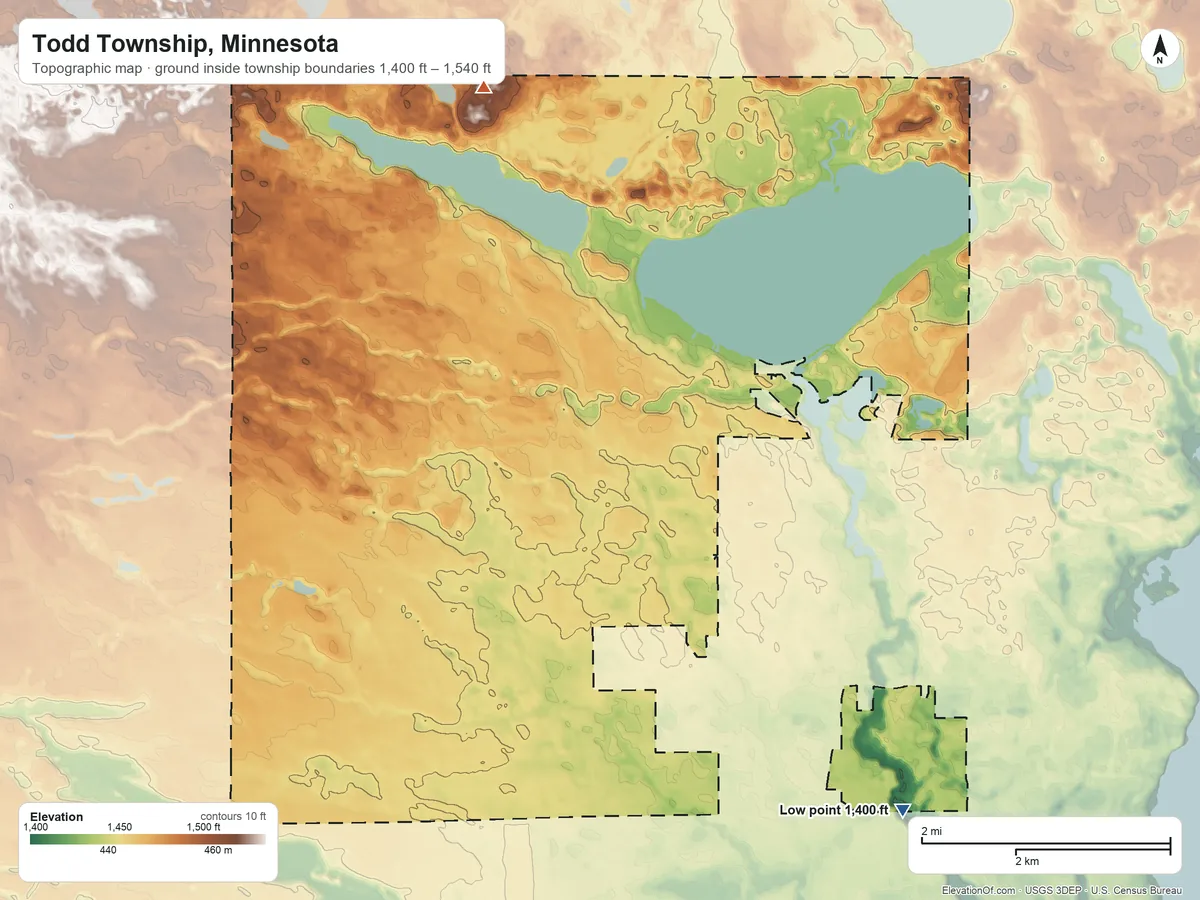 Topographic elevation map of Todd Township, Minnesota, shaded from 1,400 ft on the southeast side to 1,540 ft on the northwest side