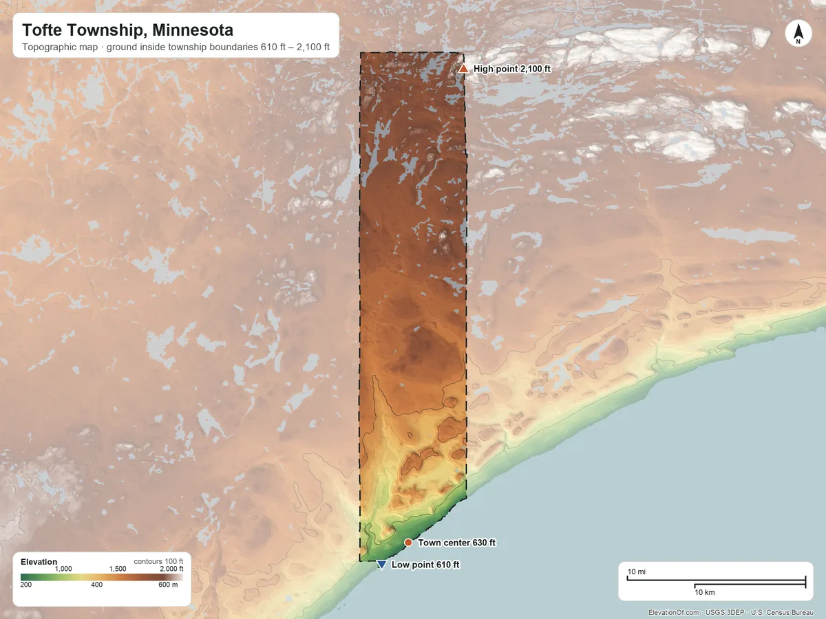 Topographic elevation map of Tofte Township, Minnesota, shaded from 610 ft near the middle to 2,100 ft on the north side