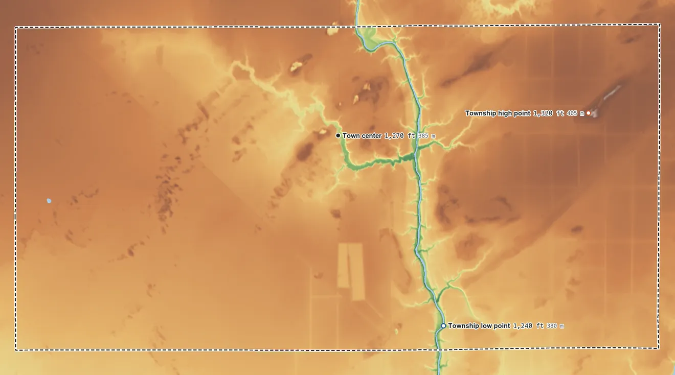 Topographic elevation map of Toivola Township, Minnesota, shaded from 1,240 ft on the southeast side to 1,320 ft on the east side