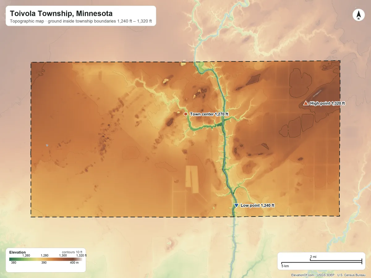 Topographic elevation map of Toivola Township, Minnesota, shaded from 1,240 ft on the southeast side to 1,320 ft on the east side
