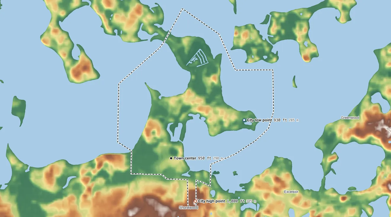 Topographic elevation map of Tonka Bay, Minnesota, shaded from 930 ft on the northeast side to 1,000 ft on the southeast side