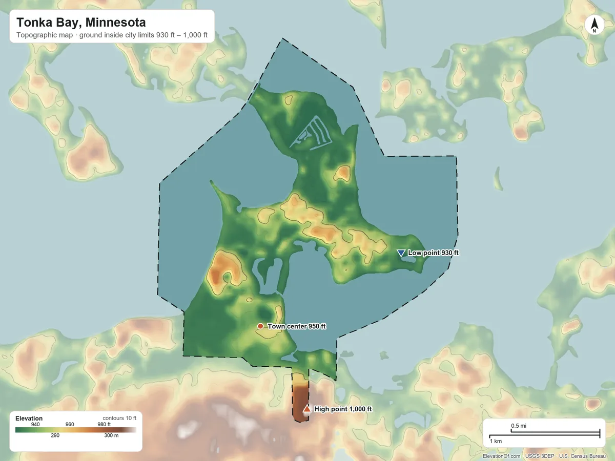 Topographic elevation map of Tonka Bay, Minnesota, shaded from 930 ft on the northeast side to 1,000 ft on the southeast side