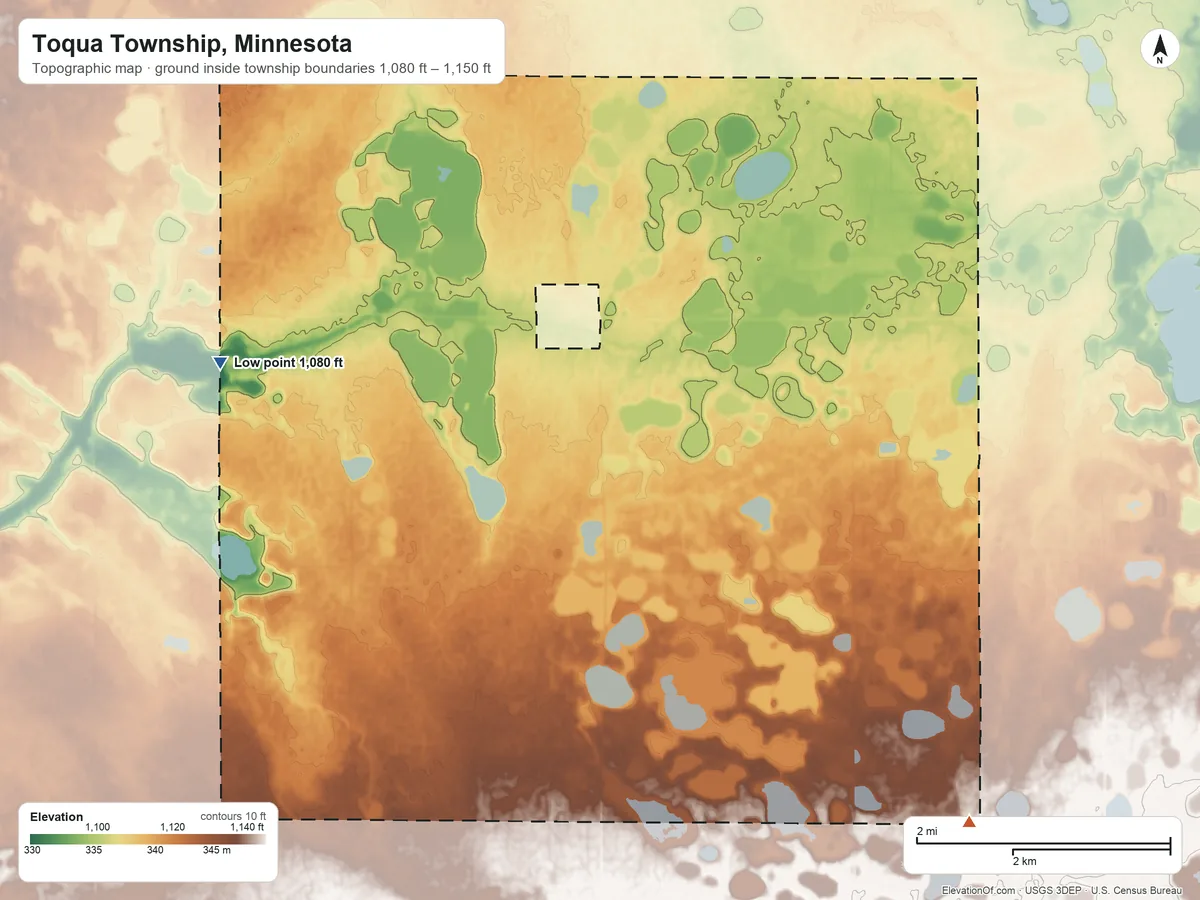 Topographic elevation map of Toqua Township, Minnesota, shaded from 1,080 ft on the west side to 1,150 ft on the southeast side