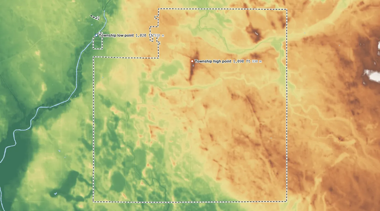 Topographic elevation map of Torning Township, Minnesota, shaded from 1,020 ft on the northwest side to 1,090 ft near the middle