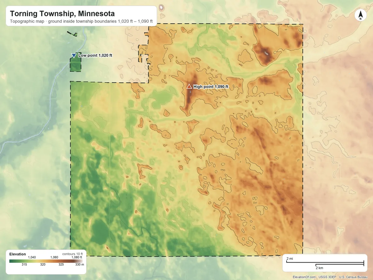 Topographic elevation map of Torning Township, Minnesota, shaded from 1,020 ft on the northwest side to 1,090 ft near the middle