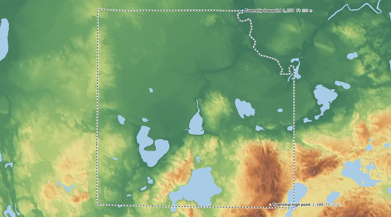 Topographic elevation map of Torrey Township, Minnesota, shaded from 1,270 ft on the northeast side to 1,600 ft on the southeast side