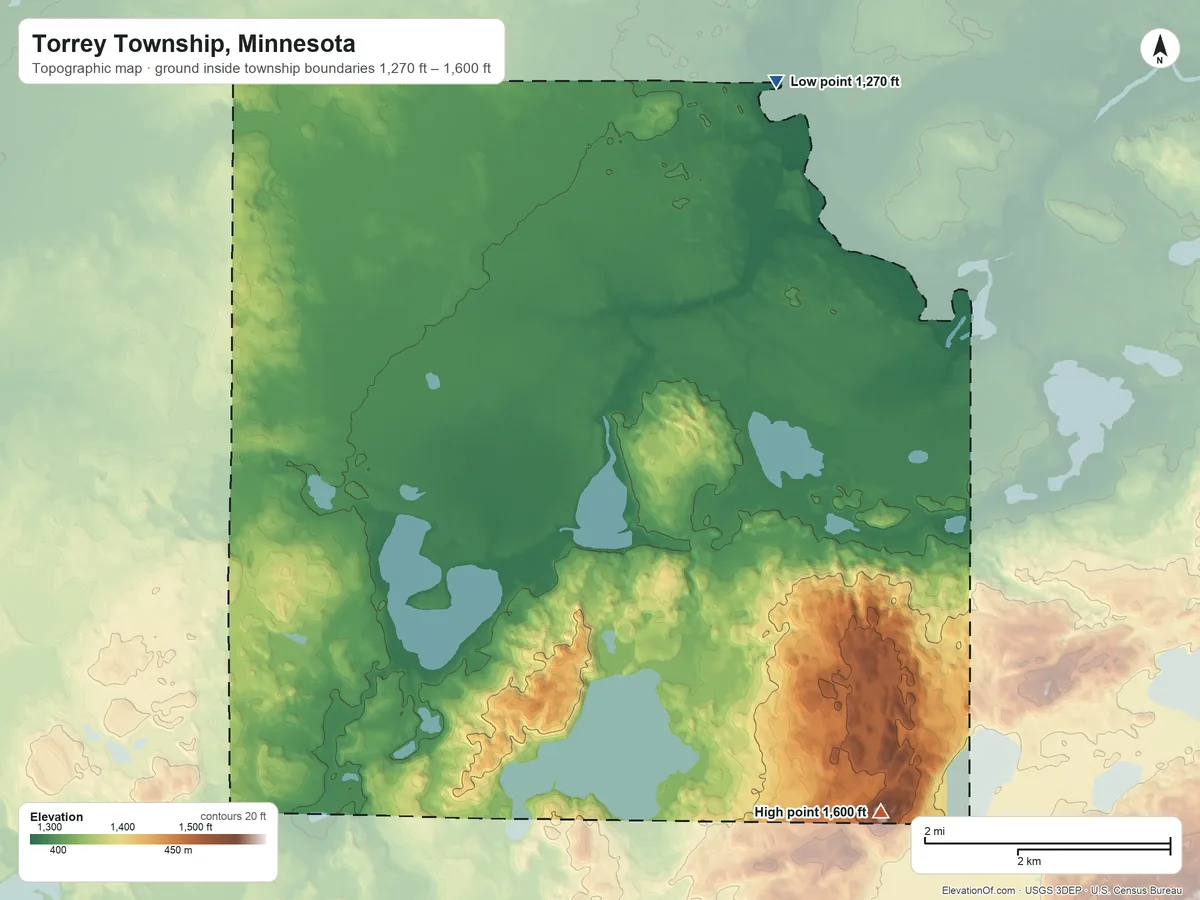 Topographic elevation map of Torrey Township, Minnesota, shaded from 1,270 ft on the northeast side to 1,600 ft on the southeast side