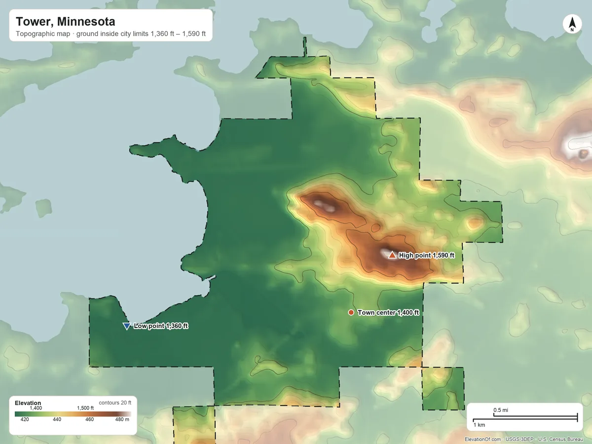 Topographic elevation map of Tower, Minnesota, shaded from 1,360 ft on the west side to 1,590 ft on the northeast side