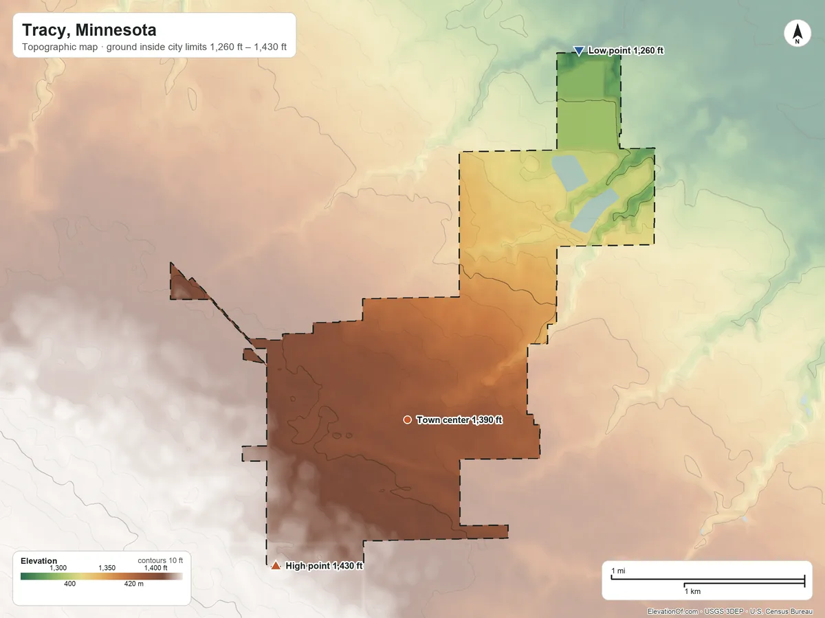 Topographic elevation map of Tracy, Minnesota, shaded from 1,260 ft on the northeast side to 1,430 ft on the southwest side