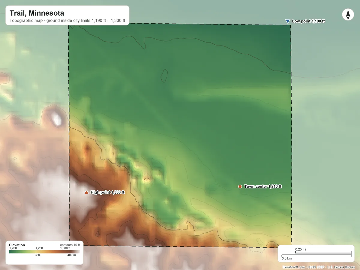 Topographic elevation map of Trail, Minnesota, shaded from 1,190 ft on the north side to 1,330 ft on the west side