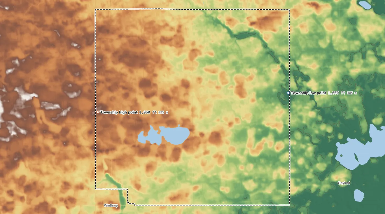 Topographic elevation map of Transit Township, Minnesota, shaded from 1,000 ft on the east side to 1,060 ft on the west side
