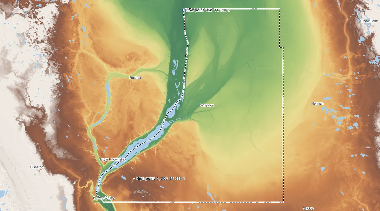 Topographic elevation map of Traverse County, Minnesota, shaded from 960 ft on the north side to 1,200 ft on the southwest side