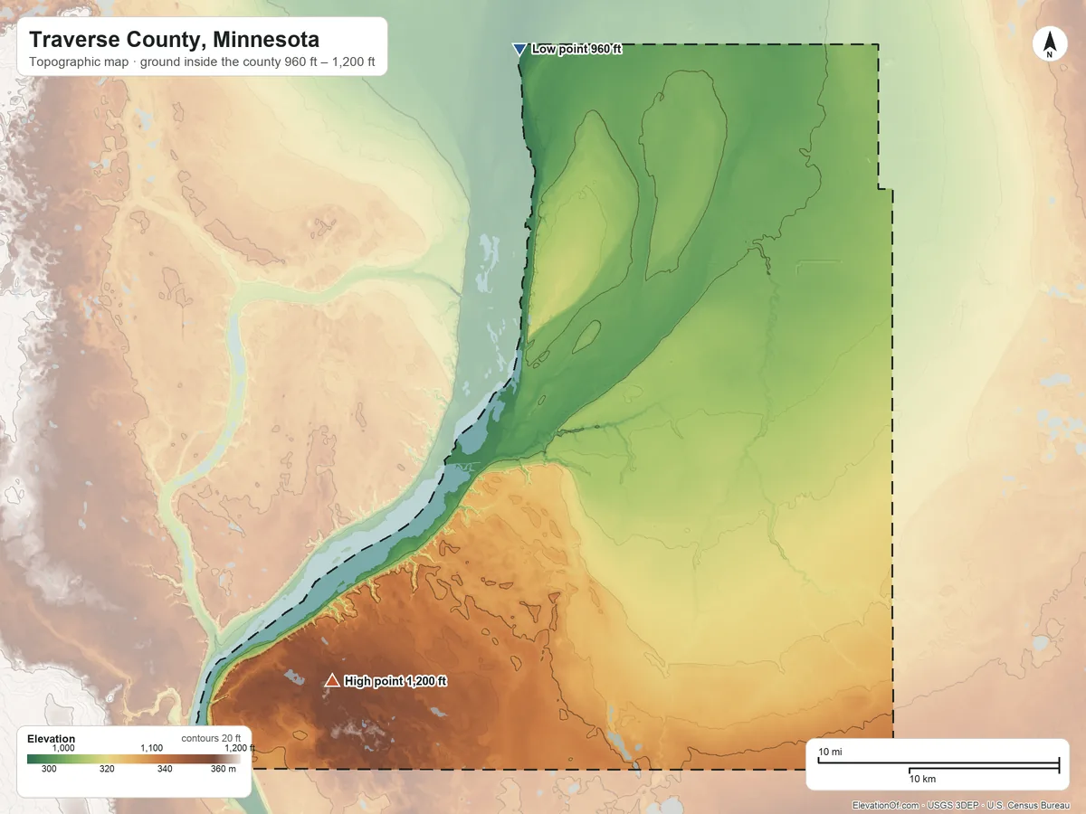 Topographic elevation map of Traverse County, Minnesota, shaded from 960 ft on the north side to 1,200 ft on the southwest side