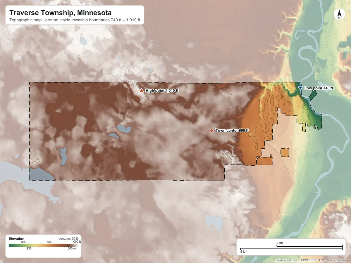 Topographic elevation map of Traverse Township, Minnesota, shaded from 740 ft on the northeast side to 1,010 ft on the northwest side