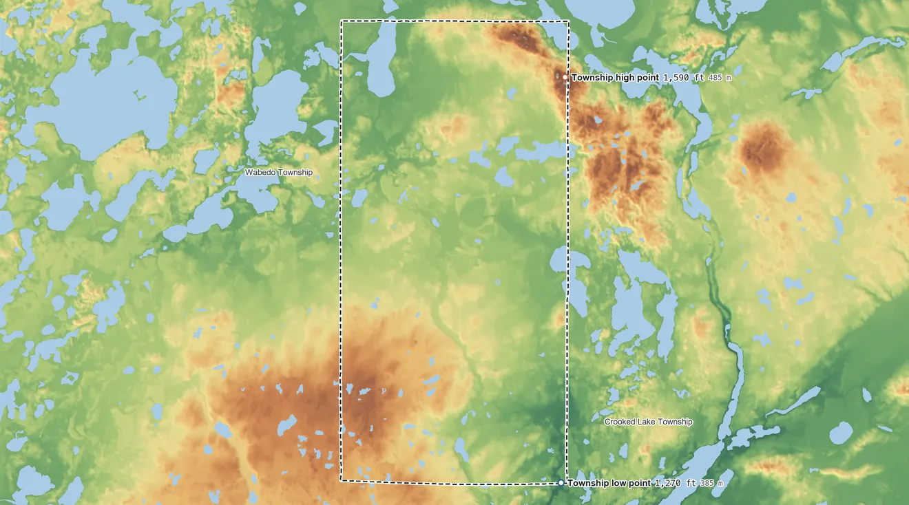 Topographic elevation map of Trelipe Township, Minnesota, shaded from 1,270 ft on the south side to 1,590 ft on the east side