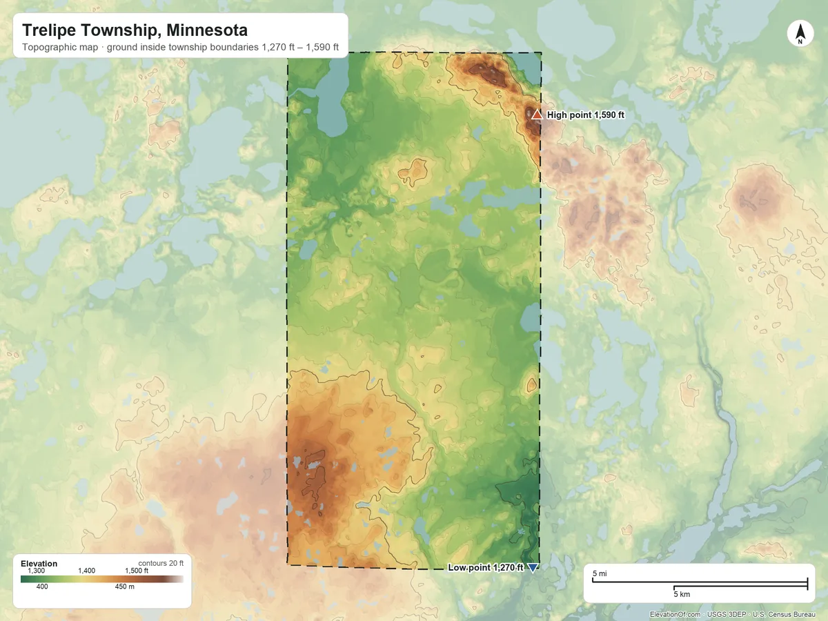 Topographic elevation map of Trelipe Township, Minnesota, shaded from 1,270 ft on the south side to 1,590 ft on the east side