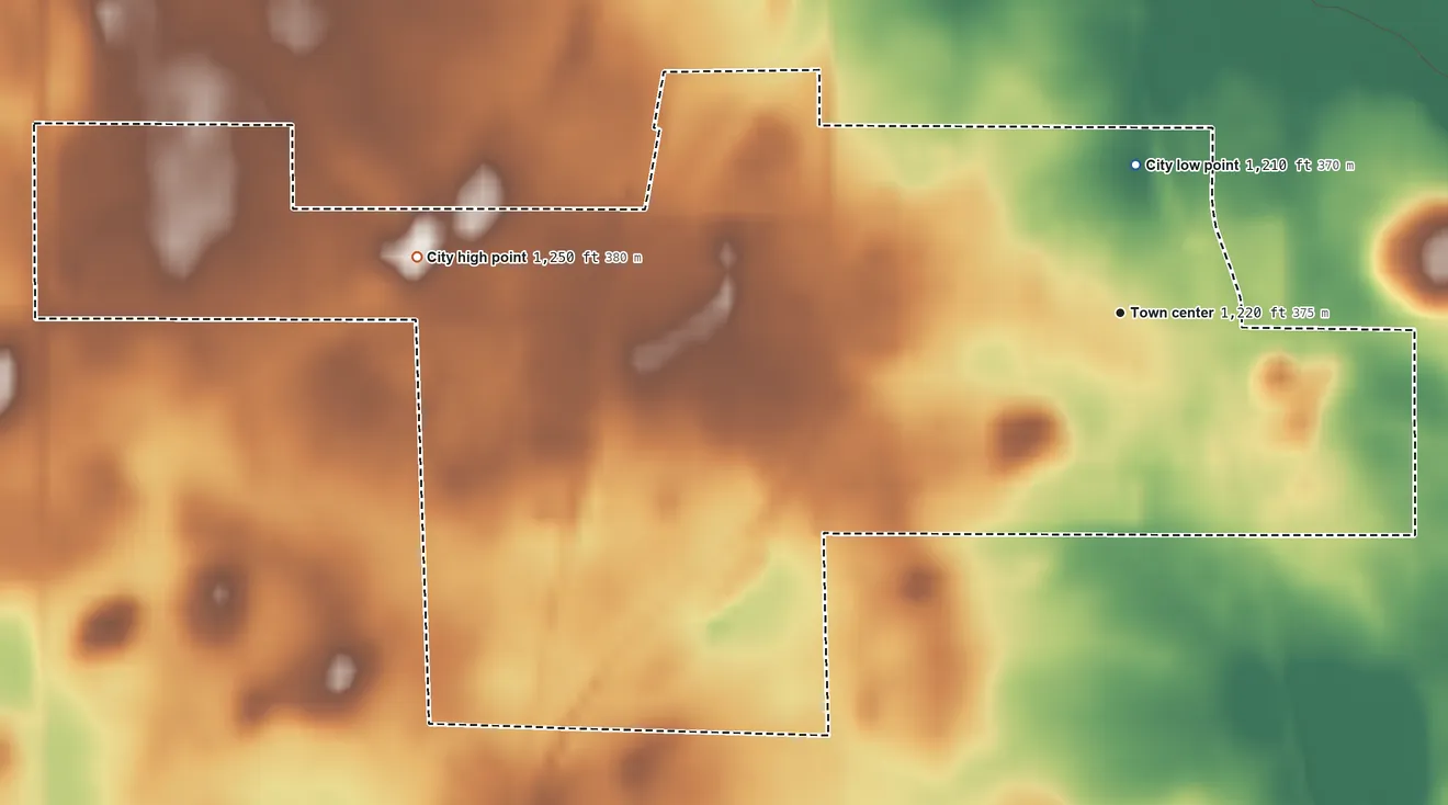 Topographic elevation map of Trimont, Minnesota, shaded from 1,210 ft near the middle to 1,250 ft on the west side