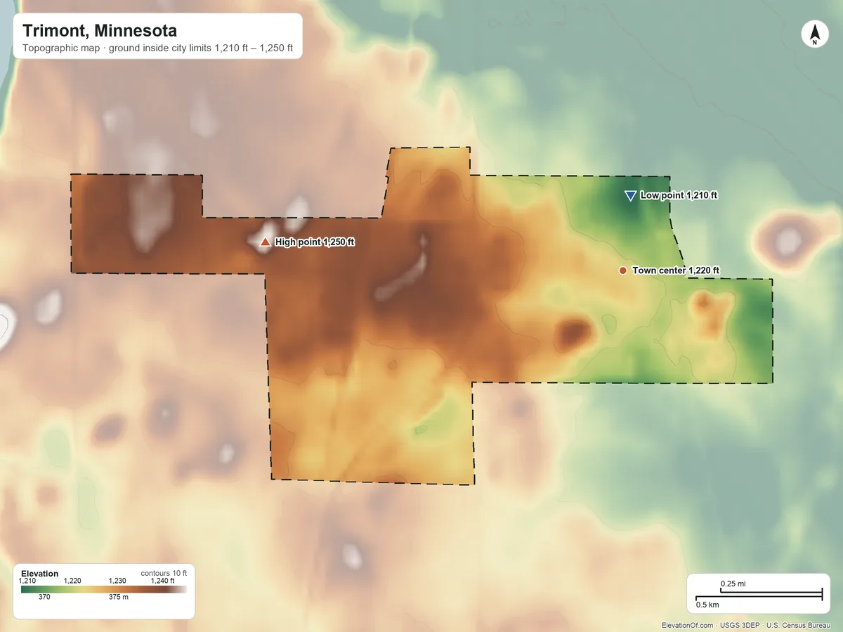 Topographic elevation map of Trimont, Minnesota, shaded from 1,210 ft near the middle to 1,250 ft on the west side