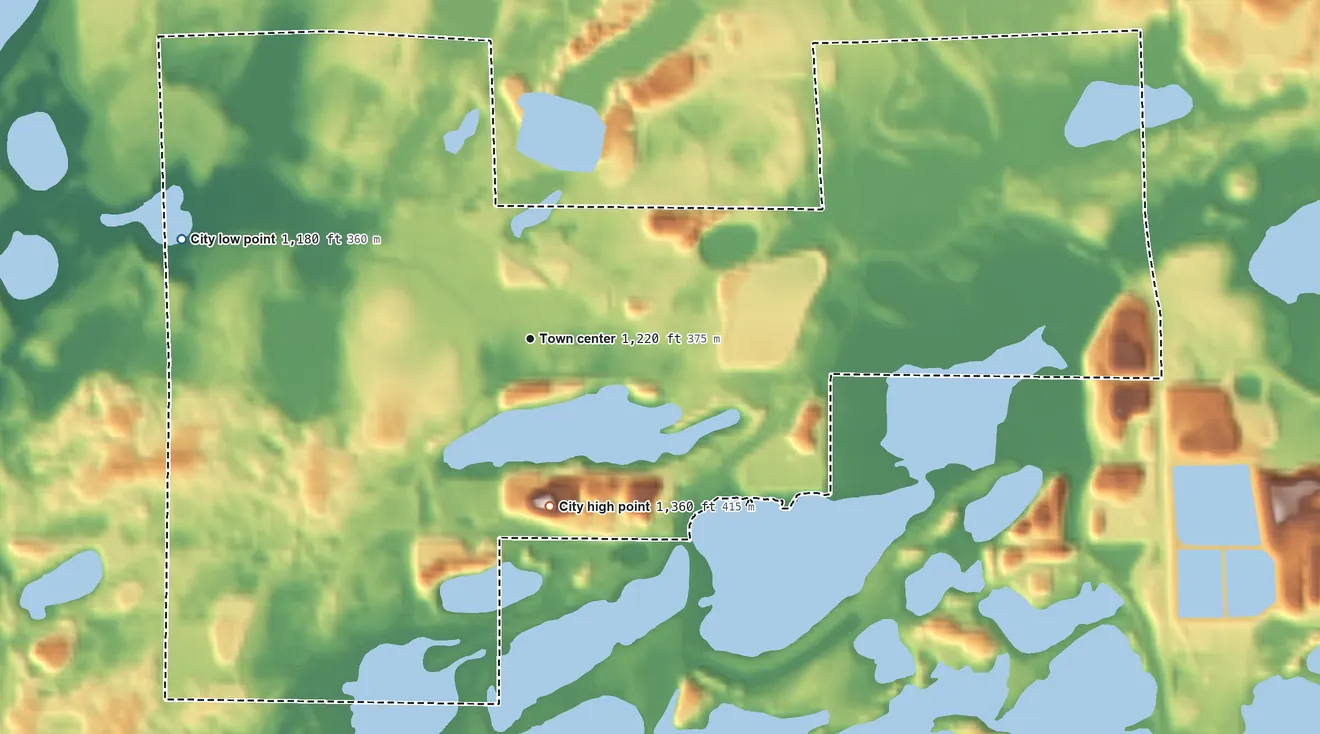 Topographic elevation map of Trommald, Minnesota, shaded from 1,180 ft on the west side to 1,360 ft on the south side