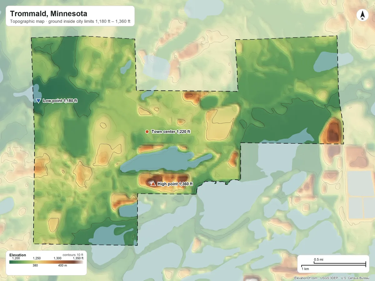 Topographic elevation map of Trommald, Minnesota, shaded from 1,180 ft on the west side to 1,360 ft on the south side