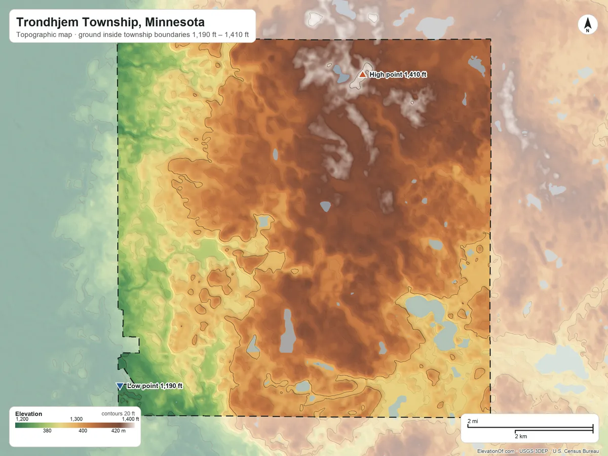 Topographic elevation map of Trondhjem Township, Minnesota, shaded from 1,190 ft on the southwest side to 1,410 ft on the northeast side