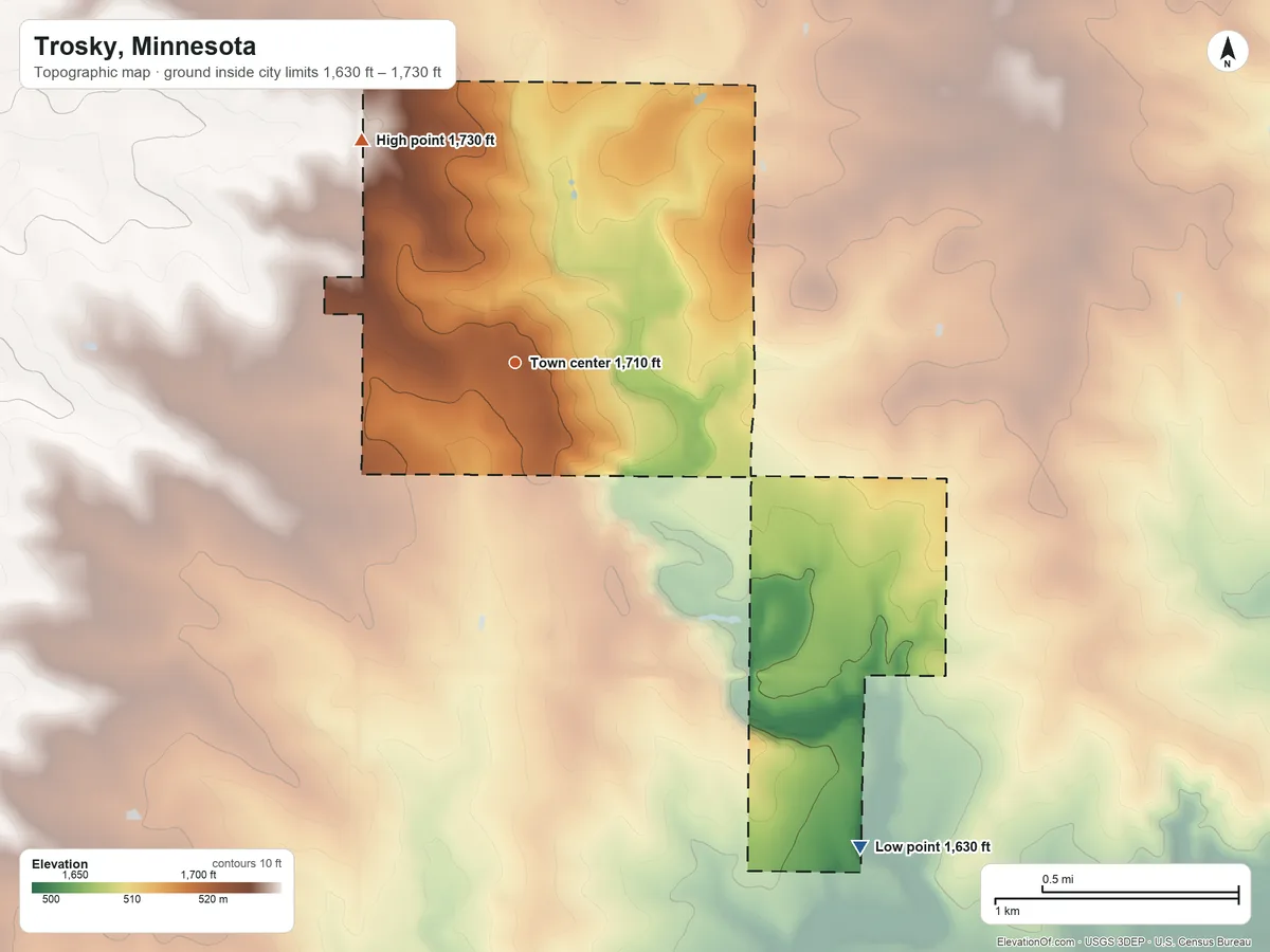 Topographic elevation map of Trosky, Minnesota, shaded from 1,630 ft on the southeast side to 1,730 ft on the northwest side
