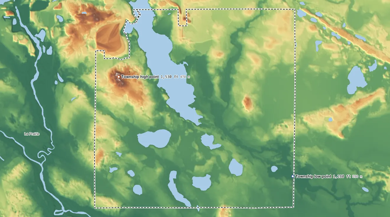 Topographic elevation map of Trout Lake Township, Minnesota, shaded from 1,280 ft on the southeast side to 1,530 ft on the northwest side