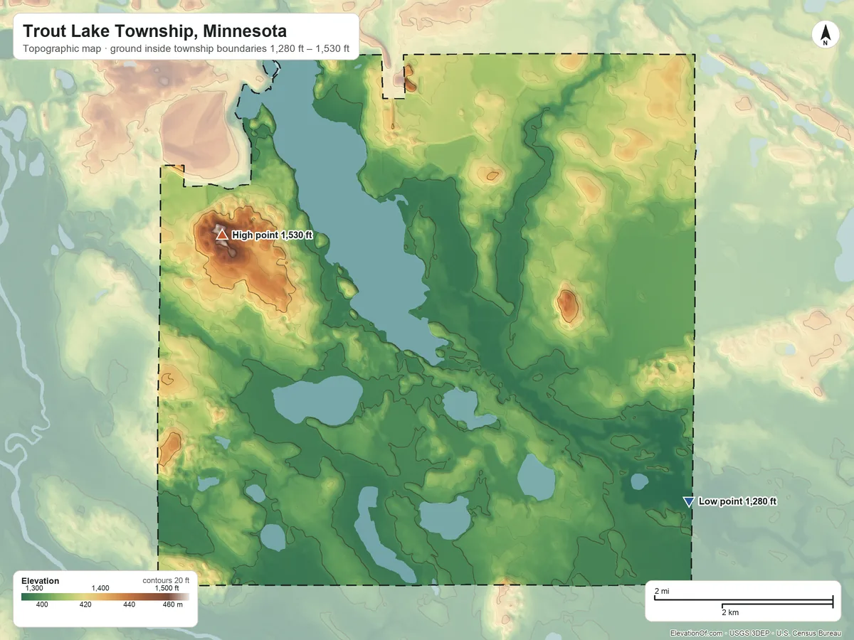 Topographic elevation map of Trout Lake Township, Minnesota, shaded from 1,280 ft on the southeast side to 1,530 ft on the northwest side