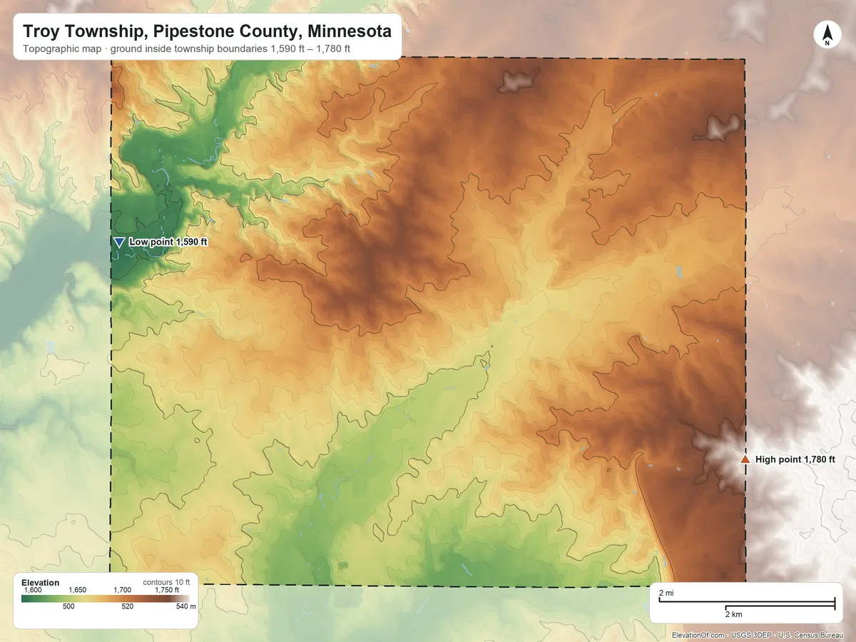 Topographic elevation map of Troy Township, Pipestone County, Minnesota, shaded from 1,590 ft on the west side to 1,780 ft on the southeast side