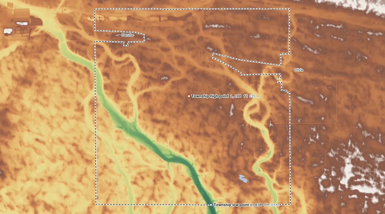 Topographic elevation map of Troy Township, Minnesota, shaded from 1,030 ft on the south side to 1,100 ft near the middle