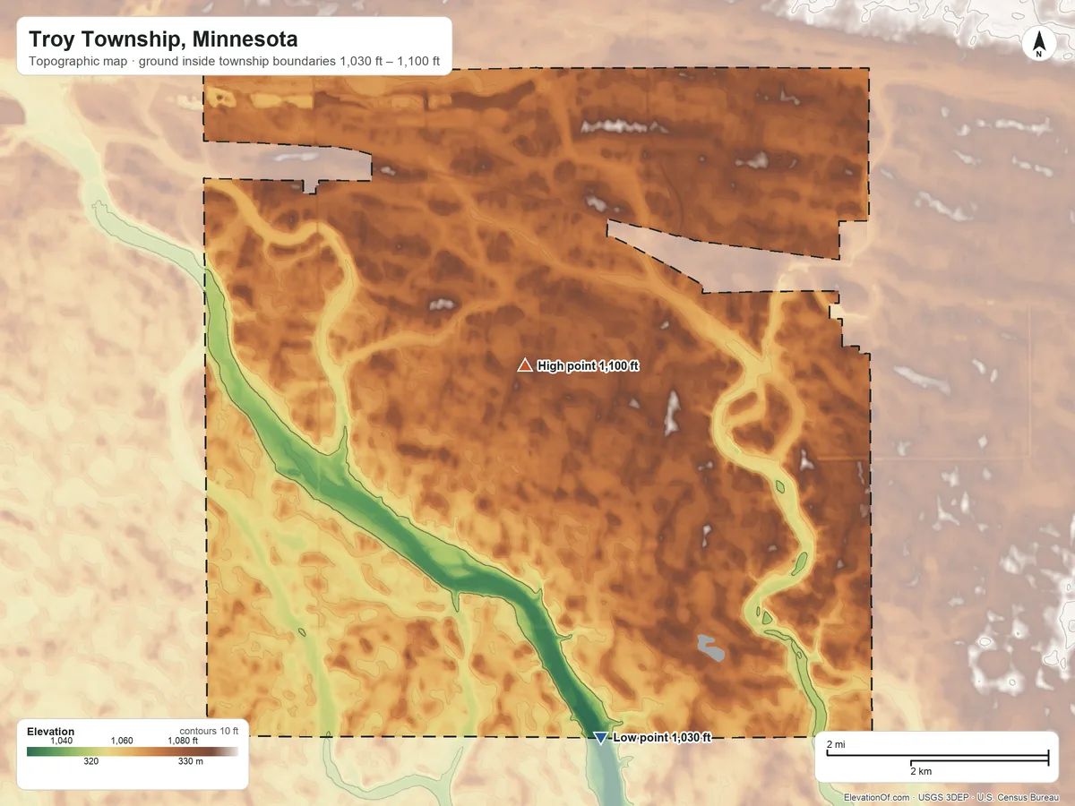 Topographic elevation map of Troy Township, Minnesota, shaded from 1,030 ft on the south side to 1,100 ft near the middle