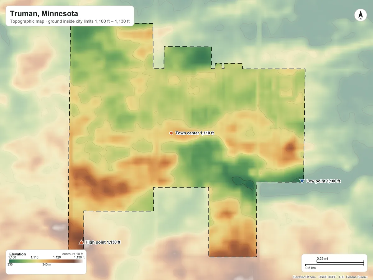 Topographic elevation map of Truman, Minnesota, shaded from 1,100 ft on the east side to 1,130 ft on the southwest side