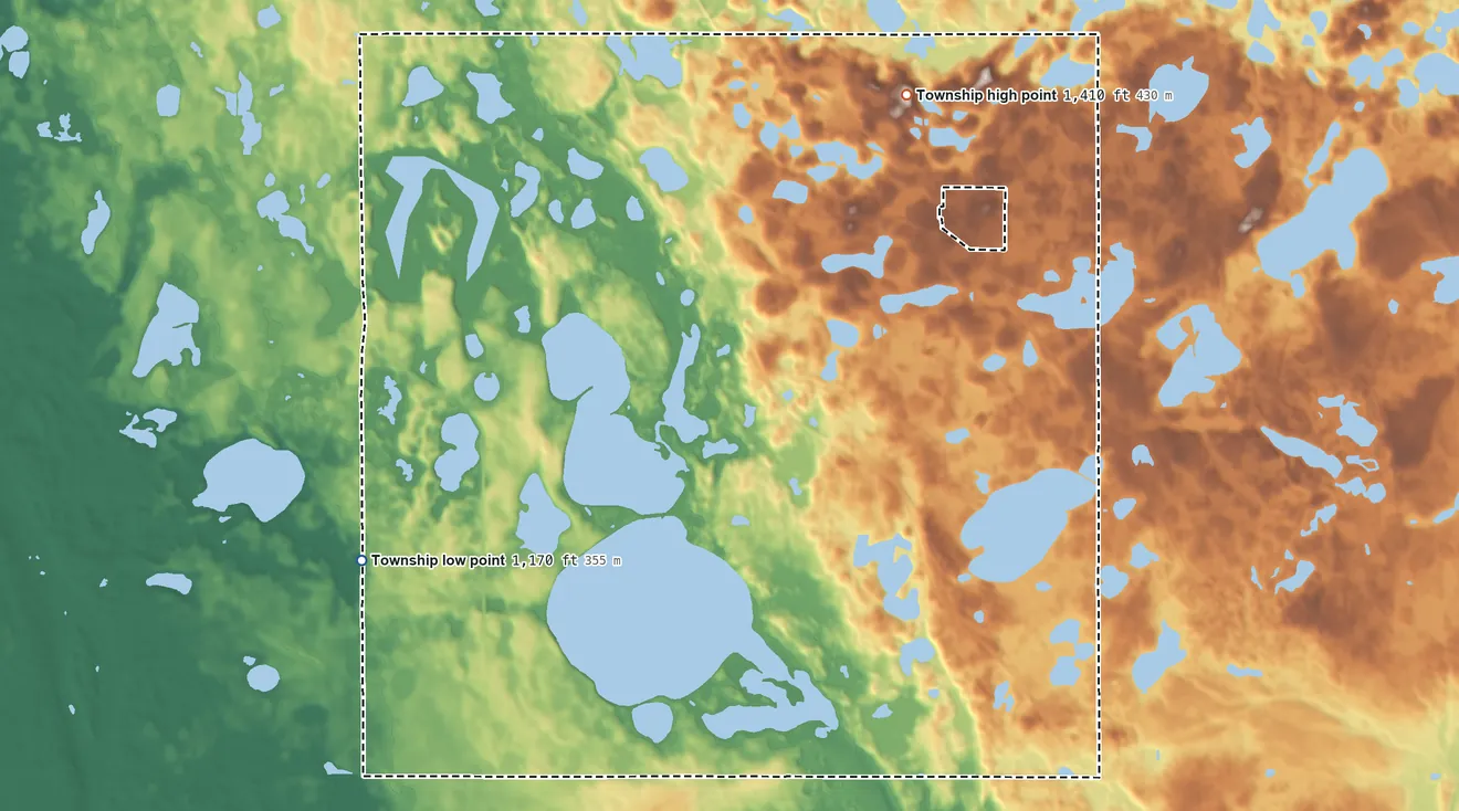Topographic elevation map of Tumuli Township, Minnesota, shaded from 1,170 ft on the west side to 1,410 ft on the north side