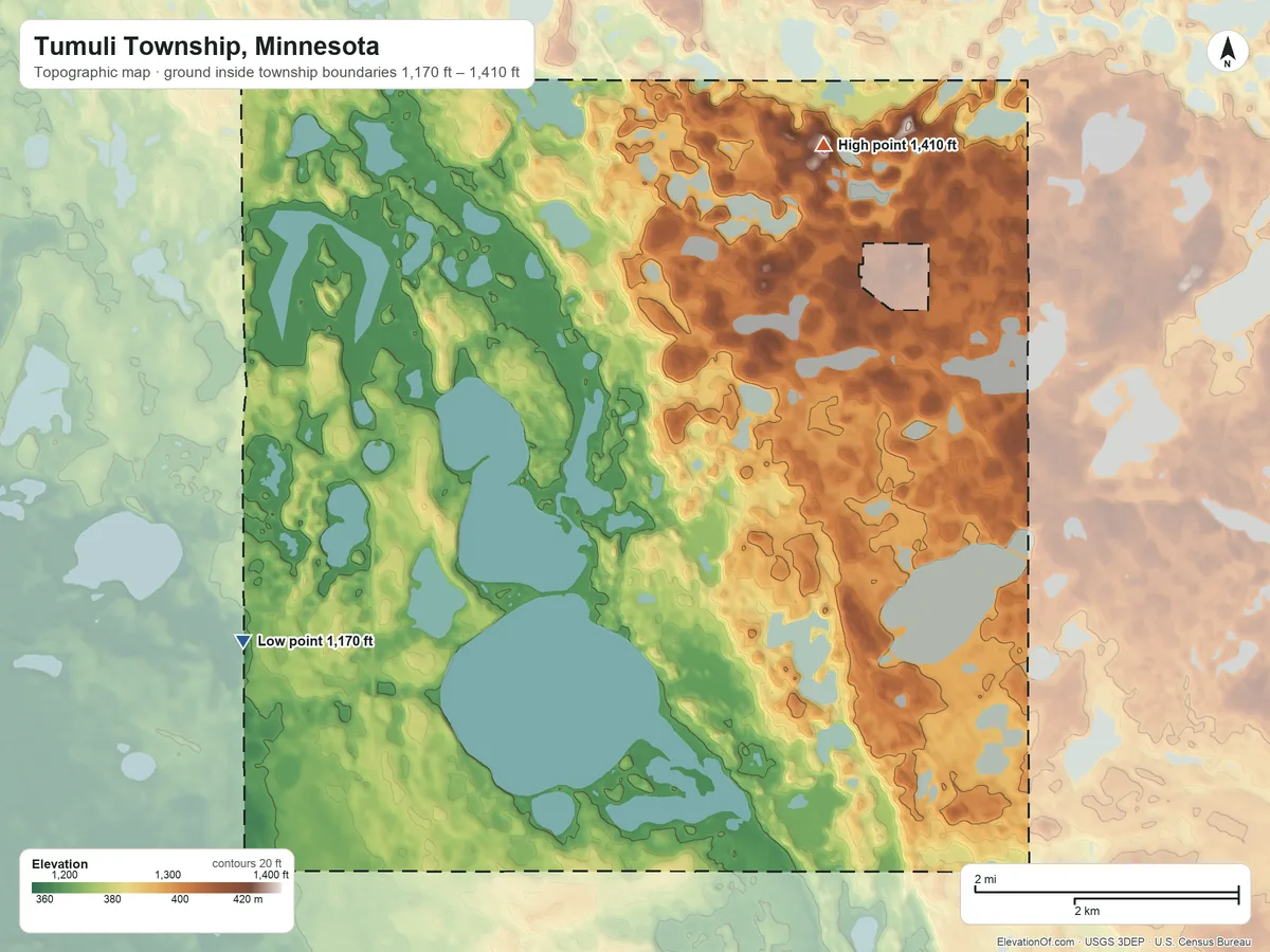 Topographic elevation map of Tumuli Township, Minnesota, shaded from 1,170 ft on the west side to 1,410 ft on the north side