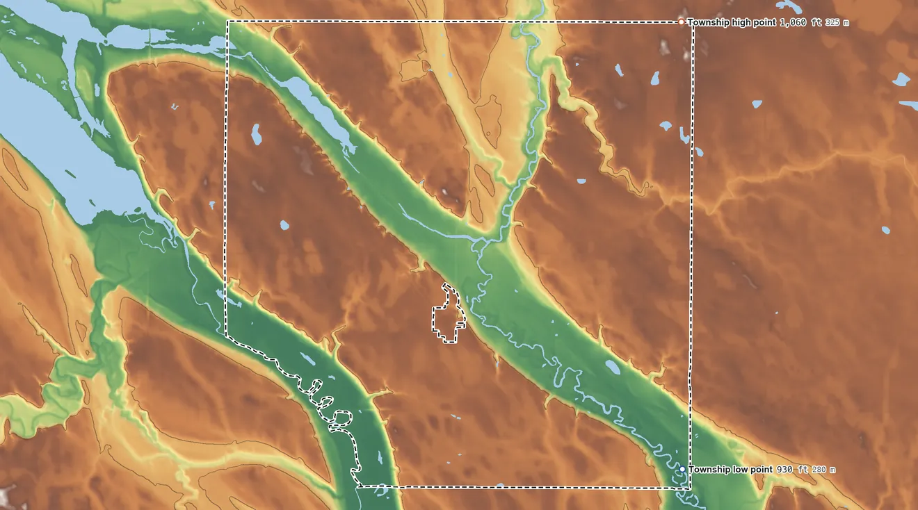Topographic elevation map of Tunsberg Township, Minnesota, shaded from 930 ft on the southeast side to 1,060 ft on the northeast side
