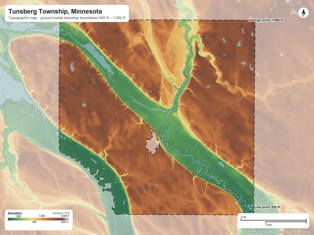 Topographic elevation map of Tunsberg Township, Minnesota, shaded from 930 ft on the southeast side to 1,060 ft on the northeast side