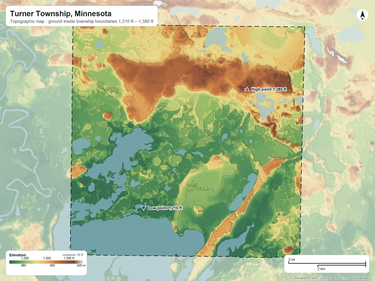Topographic elevation map of Turner Township, Minnesota, shaded from 1,210 ft on the southwest side to 1,380 ft on the northeast side