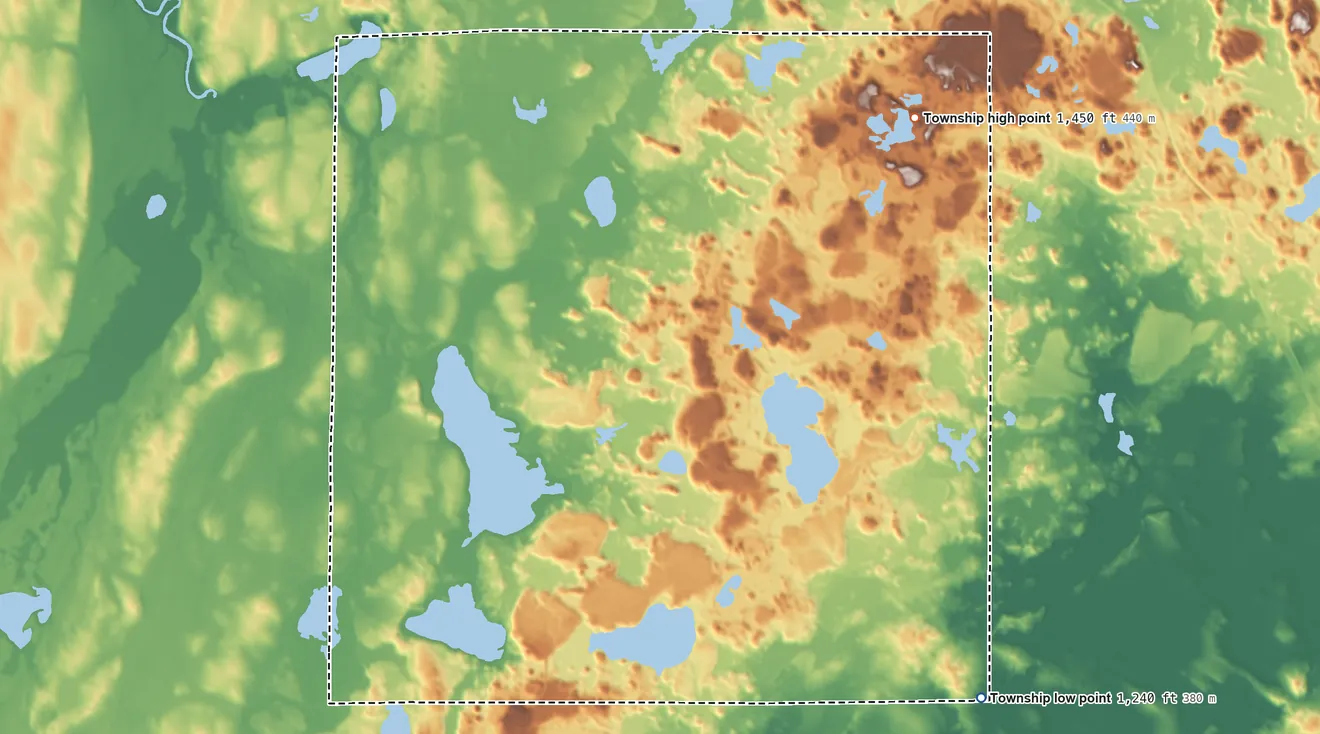 Topographic elevation map of Turtle Creek Township, Minnesota, shaded from 1,240 ft on the southeast side to 1,450 ft on the northeast side