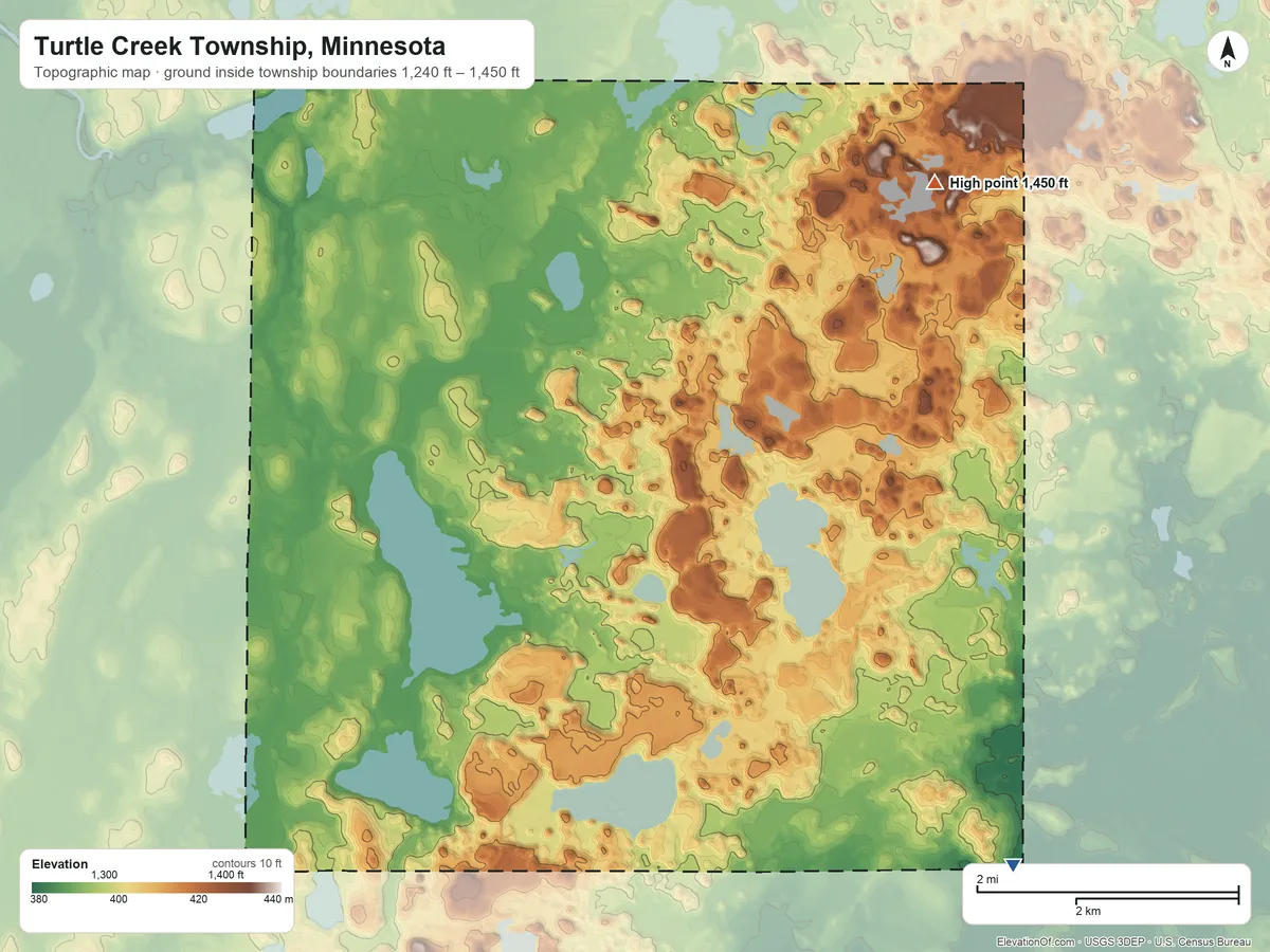 Topographic elevation map of Turtle Creek Township, Minnesota, shaded from 1,240 ft on the southeast side to 1,450 ft on the northeast side