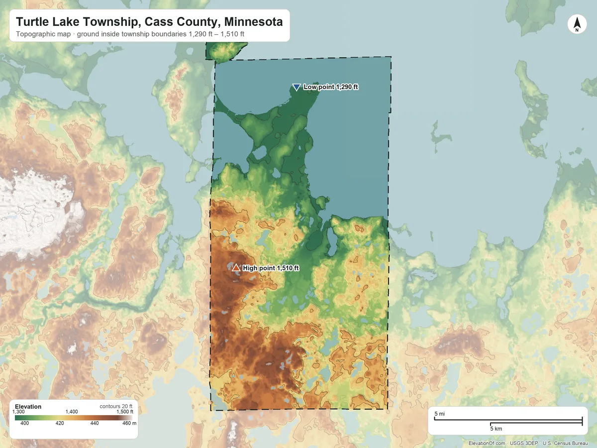 Topographic elevation map of Turtle Lake Township, Cass County, Minnesota, shaded from 1,290 ft on the northeast side to 1,510 ft on the south side