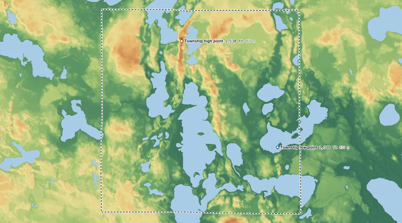 Topographic elevation map of Turtle Lake Township, Minnesota, shaded from 1,340 ft on the east side to 1,530 ft on the north side